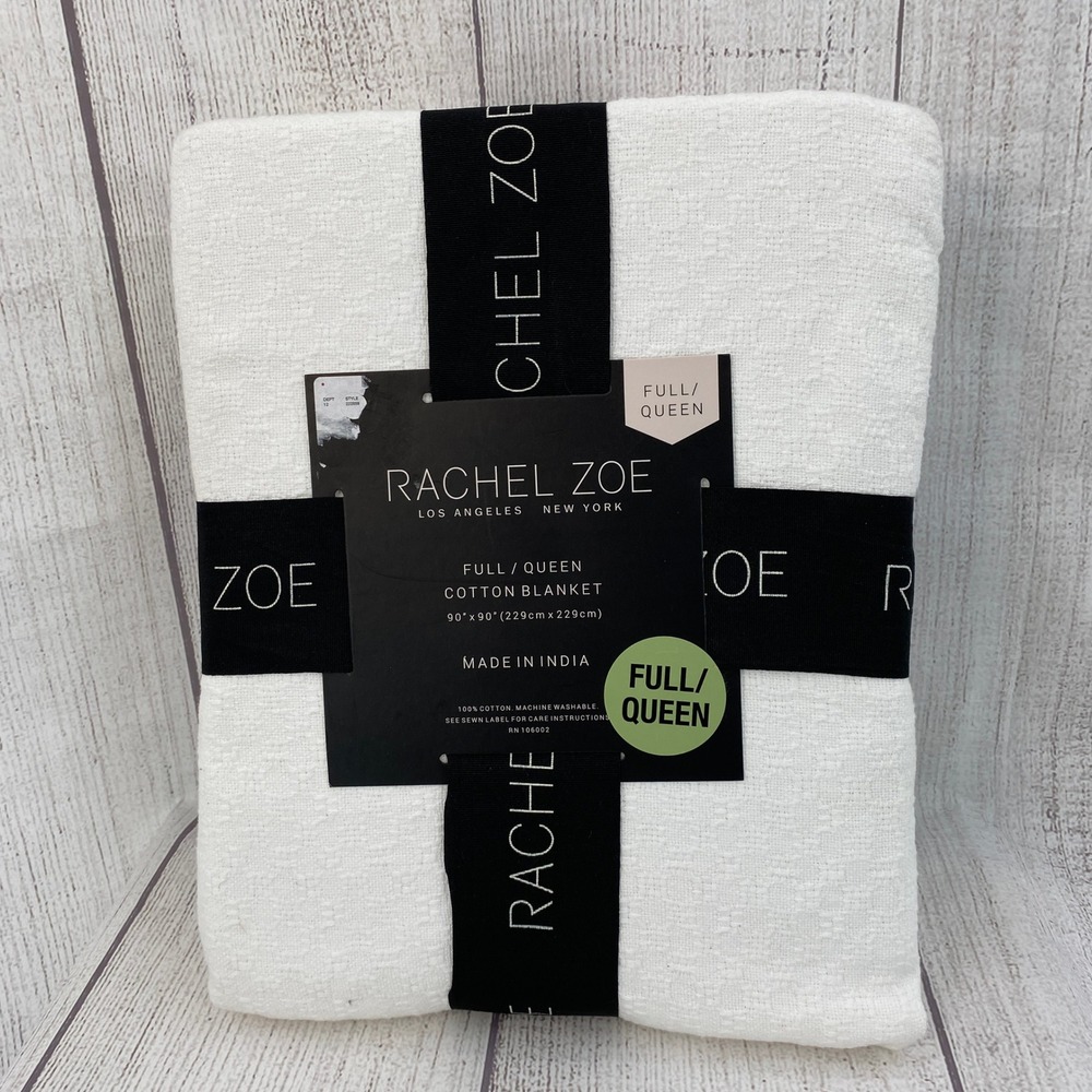 Rachel Zoe Cotton Blanket Full Queen White Textured Woven 90x90 Crisp Minimalist